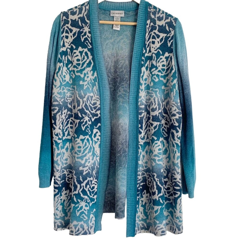 Catherines Blue Ombre Floral Cardigan Women’s 1X Coastal Boho Oceanic Layering